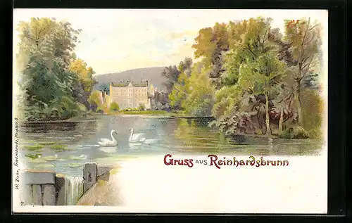 Lithographie Friedrichroda, Partie am Reinhardsbrunn