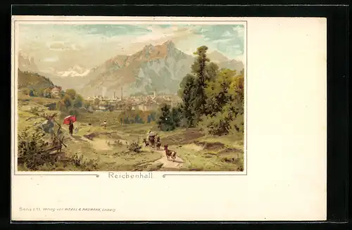 Lithographie Reichenhall, Wanderer auf dem Weg in die Stadt