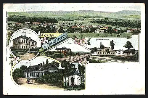 Lithographie Martinice, Skola. Hostinec na Bíte Hore, Nadrazi