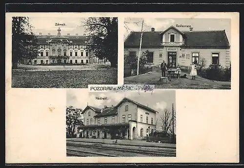 AK Mesic u Prahy, Bahnhof, Schloss, Gasthaus