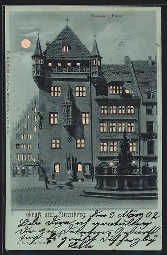 Mondschein-AK Nürnberg, Nassauer Haus, Halt gegen das Licht: beleuchtete Fenster