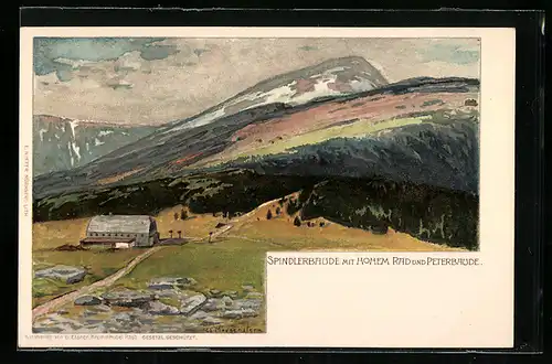 Künstler-Lithographie Carl Ernst Morgenstern: Spindlerbaude, Hohes Rad und Peterbaude