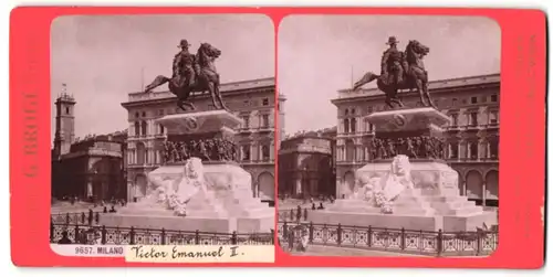 Stereo-Fotografie G. Brogi, Firenze, Ansicht Milano, Reiterstandbild Victor Emanuel II.