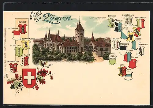 Lithographie Zürich, Teilansicht mit Landesmuseum, Schweizer und Kantonswappen