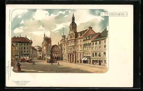 Künstler-Lithographie Carl Münch: Pforzheim, Marktplatz mit Denkmal