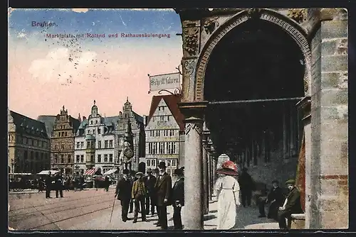 AK Bremen, Marktplatz mit Roland und Rathaussäulengang