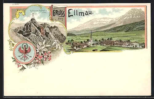 Lithographie Ellmau, Totalansicht aus der Vogelschau, Ellmauer Haltspitze