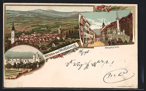 Lithographie Wolfsberg, Schloss, Hauptplatz, Ortsansicht mit Umgebung