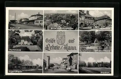 AK Lehrte /Hann., Bahnhof, Blick vom Kirchturm, Rathaus, Jugendheim, Schwimmbad