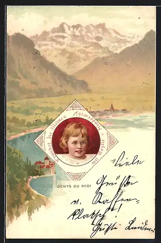 Lithographie Ernährt die Kleinen mit Nestle Kindermehl, Kinderportrait vor Berglandschaft