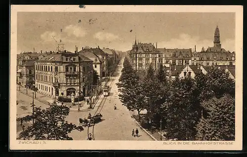 AK Zwickau i. S., Bahnhofstrasse mit Strassenbahn