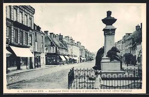 AK Isigny-sur-Mer, Monument Emile Demagny et perspective de la rue Alfred Pophillat