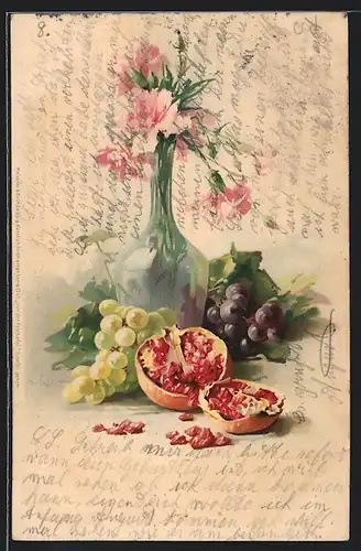 Künstler-Lithographie Catharina Klein: Von der Festtafel, Stilleben mit Blumenvase und Granatapfel