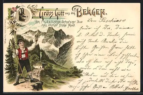 Lithographie Junger Bergsteiger mit Bergblumenstrauss