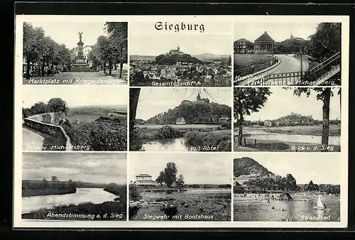 AK Siegburg, Marktplatz mit Kriegerdenkmal, Strandbad