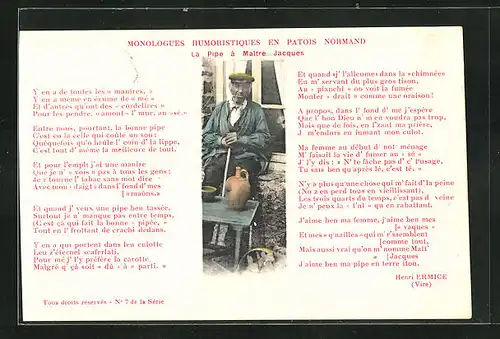 AK Monologues Humoristiques en Patois Normand, La Pipe à Maître Jacques, Alter Mann mit Tabakpfeife