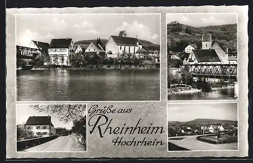 AK Rheinheim über Waldshut, Ortspartie mit Brücke, Panorama mit Küssaburg, Strassenpartie