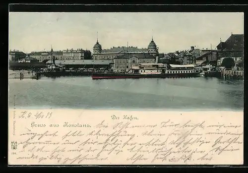 AK Konstanz am Bodensee, Schiff am Anleger im Hafen