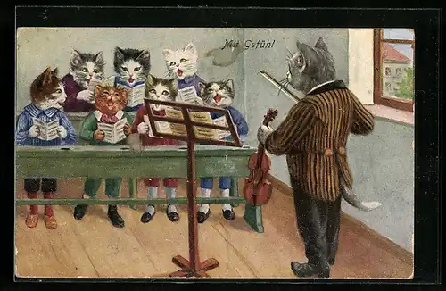 Künstler-AK Katzen beim Musikunterricht