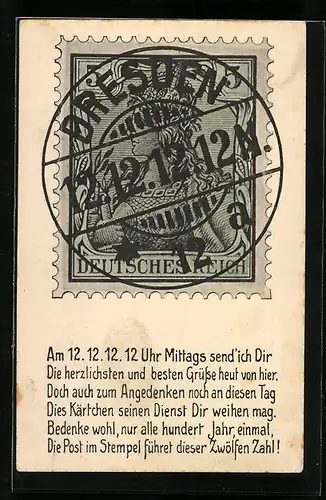 AK Kurioses Datum 12.12.1912, Stempel auf Briefmarke