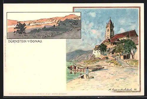 Lithographie Dürnstein a. Donau, Panorama, Kirche in Ufernähe