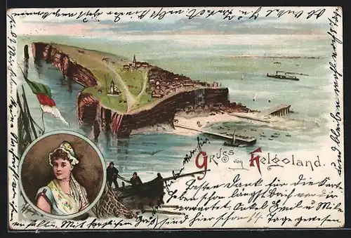 Lithographie Helgoland, Insel mit Meerblick, Fischer, Frau in Tracht
