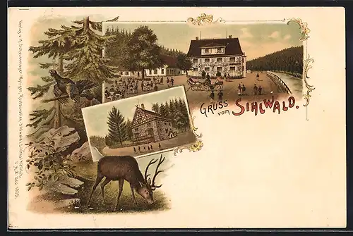 Lithographie Sihlwald, zwei Gebäudeansichten