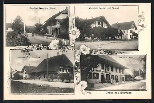 AK Büetigen, Gasthof z. Bären, Wirtschaft Heimberg und Bäckerei, Handlung Lysser und Käserei, Dorfstrasse mit Schulhaus