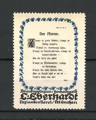 Reklamemarke München, Baukranz-Enzian / Hochalmgold, Enzianbrennerei Eberhardt, Vers Der Pfarrer