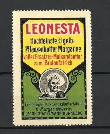 Reklamemarke Leonestra Eigelb-Pflanzenbutter-Margarine, Margarinewerke Leonh. Stadelmann, Nürnberg, Bäcker mit Kuchen