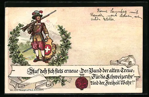 Künstler-AK Jäger mit Wappen und Gewehr