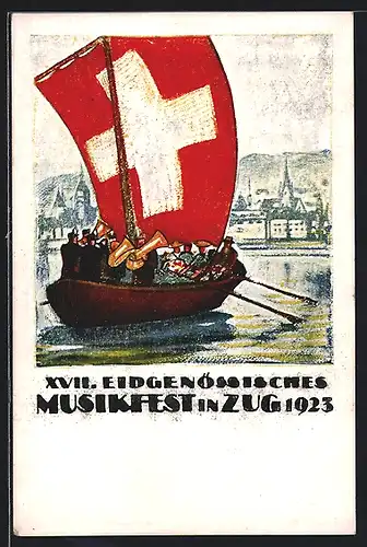 Künstler-AK Zug, XVII. Eidgenössisches Musikfest 1923, Segelboot mit schweizer Falgge und Tubaspieler