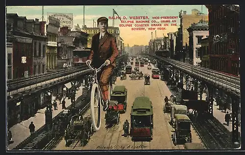 AK New York, Ralph D. Webster auf seinem Fahrrad, Bowery