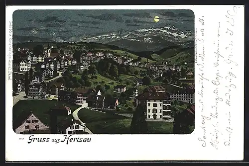 Lithographie Herisau, Teilansicht bei Mondschein