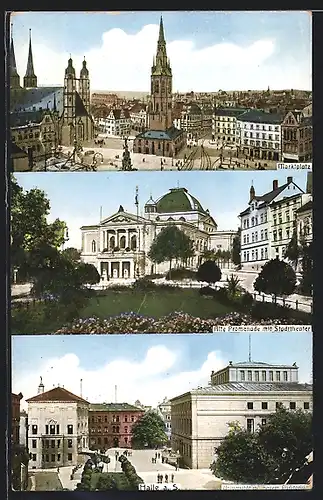 AK Halle a. Saale, Marktplatz mit Rotem Turm, Alte Promenade mit Stadttheater, Universität