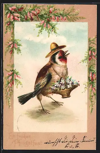 AK Vogel mit Hut und Blumenkorb