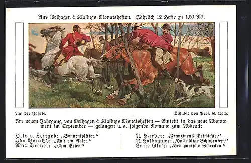 Künstler-AK Jäger reiten durch den dichten Wald, Jagd