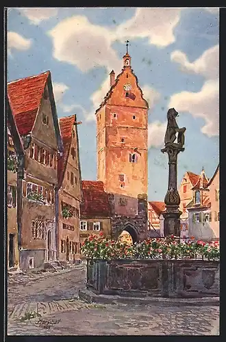 Künstler-AK Dinkelsbühl, Wörnitztor und Löwenbrunnen