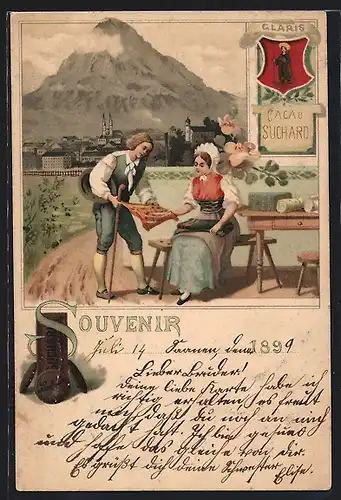 Lithographie Glaris, Cacao Suchard, Wanderer und junge Frau in Tracht