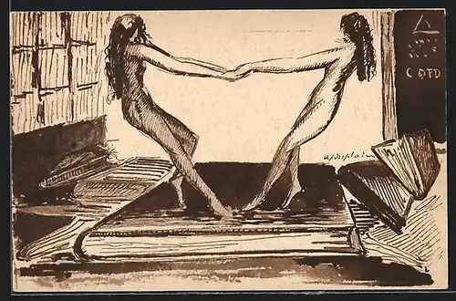 Künstler-AK La Chaux-de-Fonds, Jubilé de l`École Industrielle et du Gymnase 1925, Zwei Frauen tanzen auf einem Buch