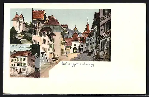 Lithographie Valangin, Hotel du Château, Strassenpartie