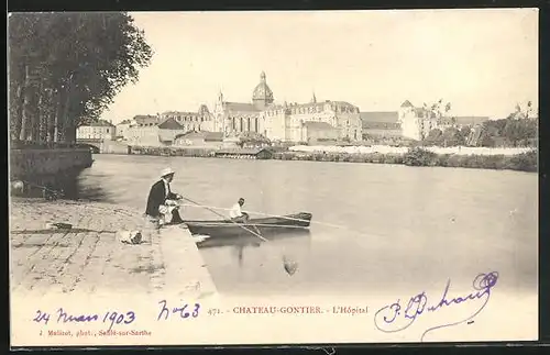 AK Chateau-Gontier, L`Hopital, Männer am Fluss