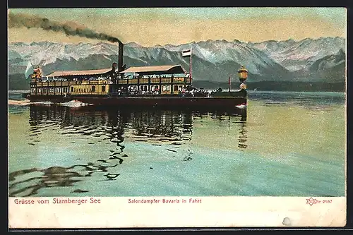 Lithographie Salondampfer Bavaria auf dem Starnberger See