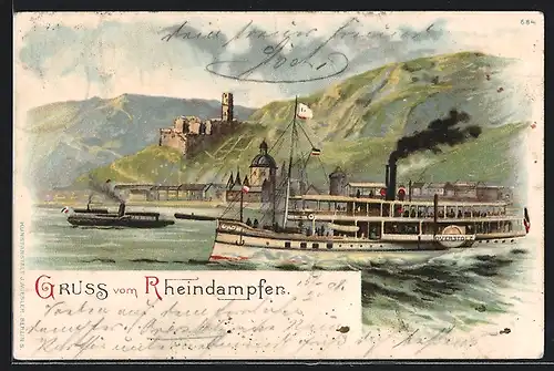 Lithographie Rheindampfer Overstolz passiert Ruine