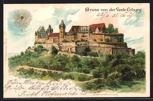 Lithographie Coburg, Blick auf Veste Coburg, Schloss