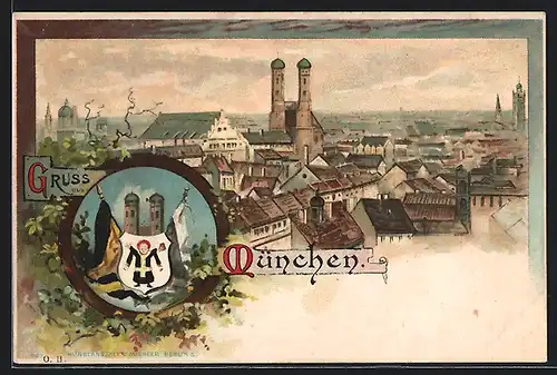 Lithographie München, Ortspartie mit Frauenkirche, Wappen