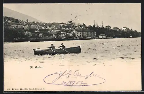 AK St. Aubin, Blick zum Ort mit Ruderboot