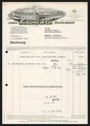 Rechnung Landau / Pfalz 1941, Spinnerei Carl Schrim & Co. Reutlingen, Werksgebäude, Rg. an Firma Herm. Jäger Manufaktur
