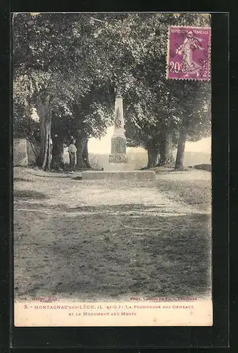 AK Montagnac-sur-Lède, La Promenade des Ormeaux et le Monument aux Morts