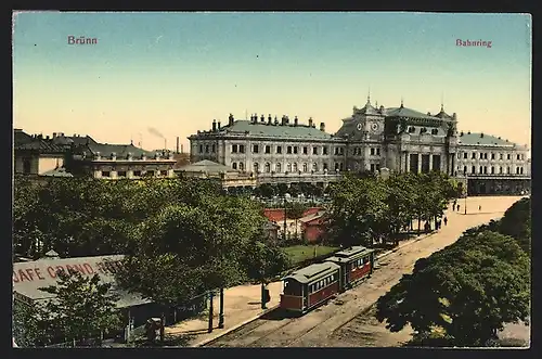 AK Brünn / Brno, Bahnhof und Bahnring aus der Vogelschau, Strassenbahn